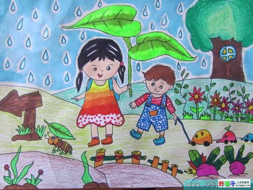 儿童水彩画小雨沙沙下