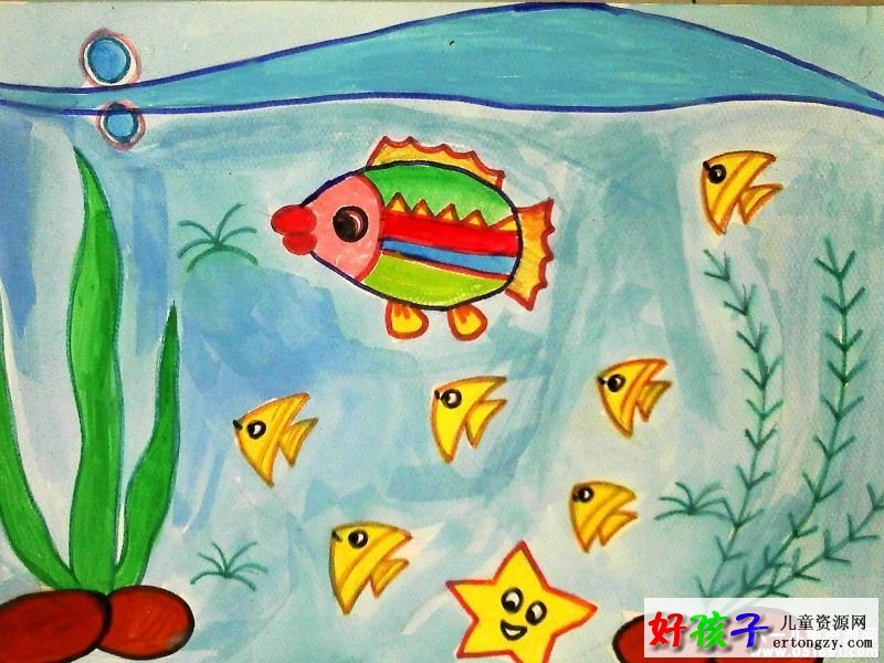 儿童水粉画鱼缸里的热带鱼