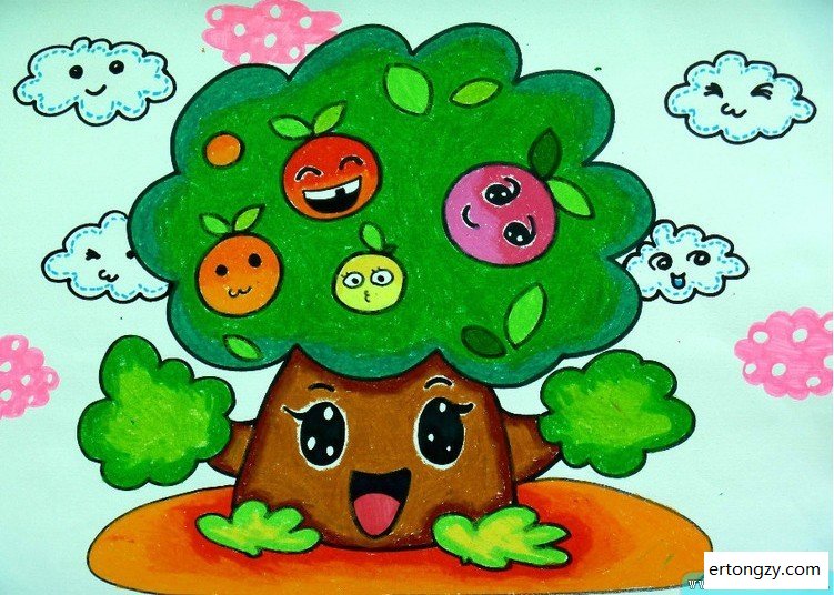 儿童蜡笔画-快乐的果树