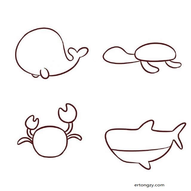 海底世界卡通鲸鱼乌龟螃蟹鲨鱼简笔画_动物简笔画