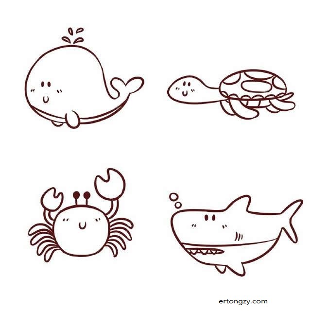海底世界卡通鲸鱼乌龟螃蟹鲨鱼简笔画_动物简笔画