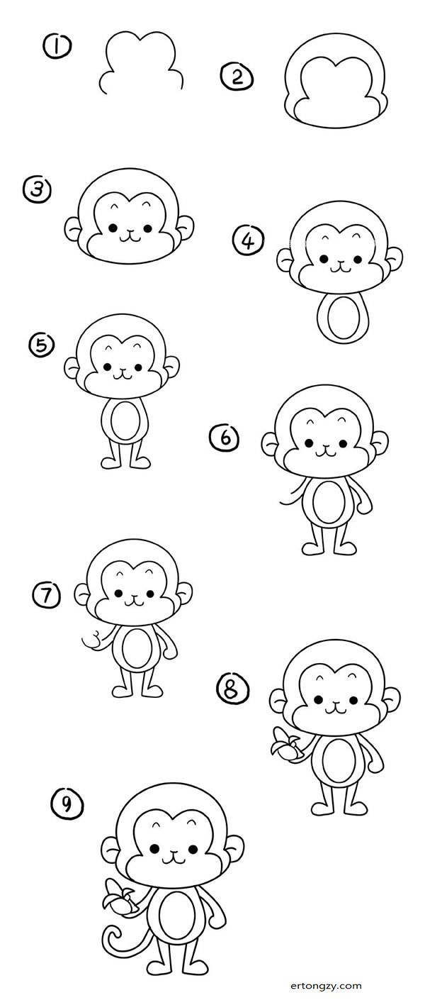 儿童学画可爱的猴子简笔画步骤教程